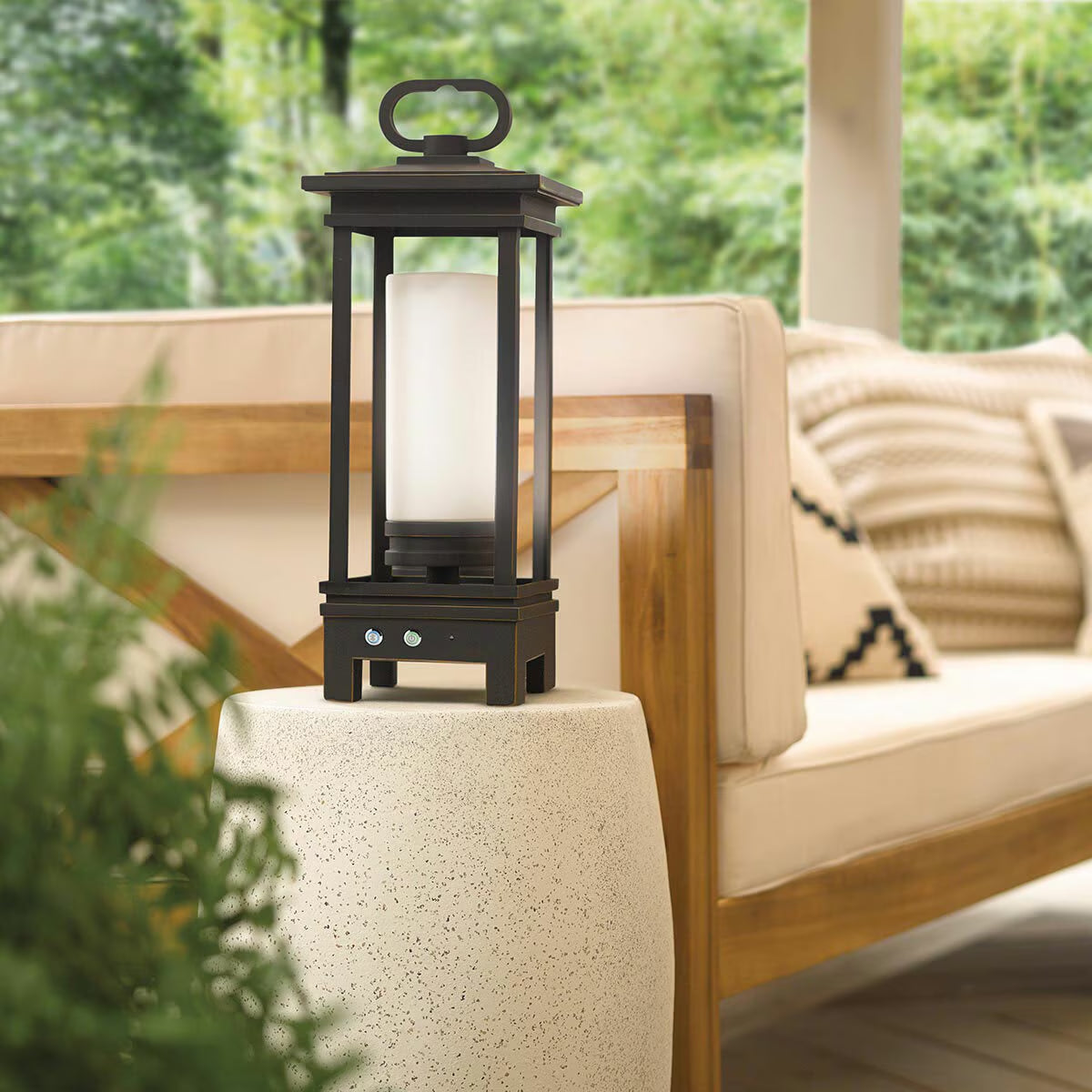 Black outdoor lantern with frosted glass, perfect for van life or patio ambiance