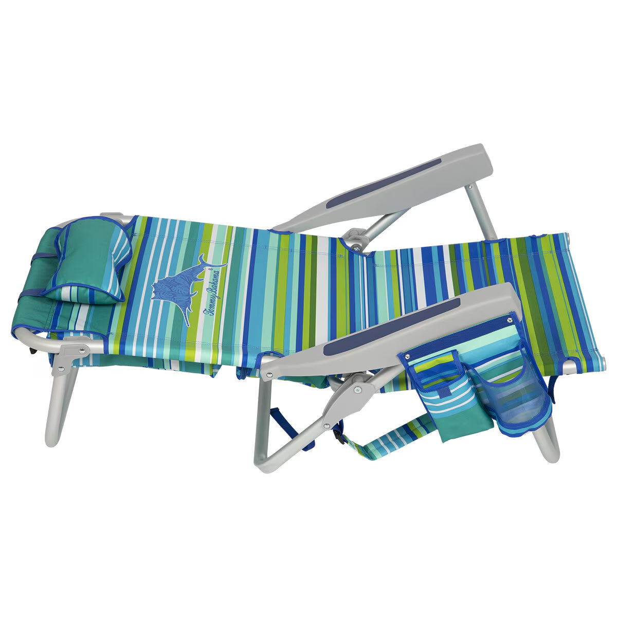 Tommy Bahama striped beach chair with side pockets, perfect for van life and outdoor adventures