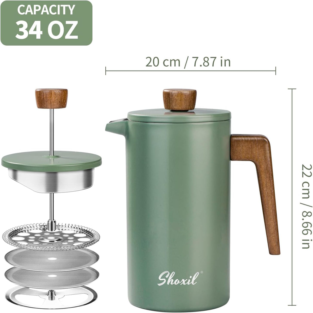 Green 1L Cafetière with Wood Handle – cafetiere dimensions illustration