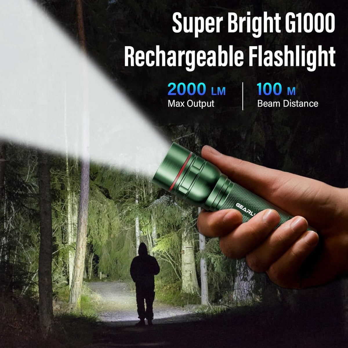Rechargeable LED Torch, 2000LM Torches LED Super Bright with 3 Modes, Portable Small Torch with Battery, Waterproof Flashlight Zoomable for Power Cut, Emergency, Camping, Hiking- Green