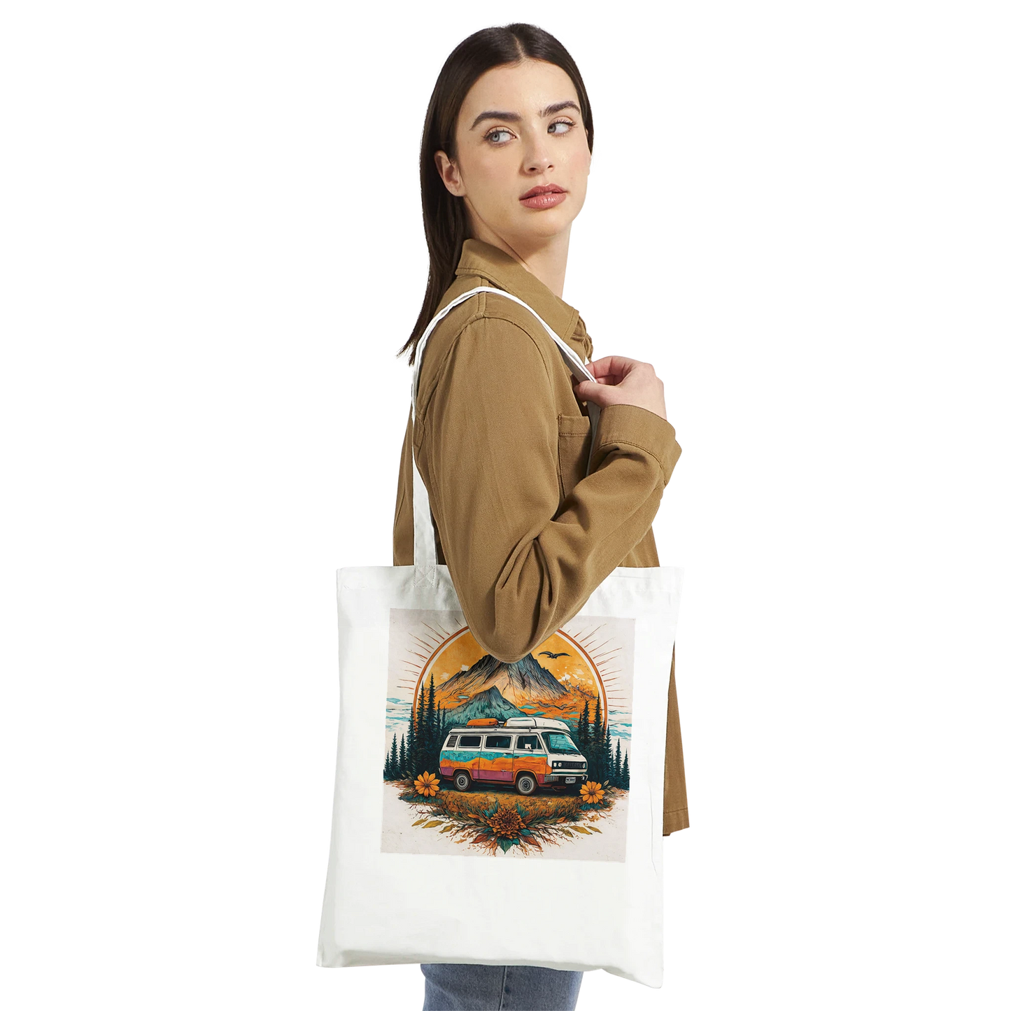 Van life tote bag with camper van, mountain sunset design for outdoor adventures and festival gear