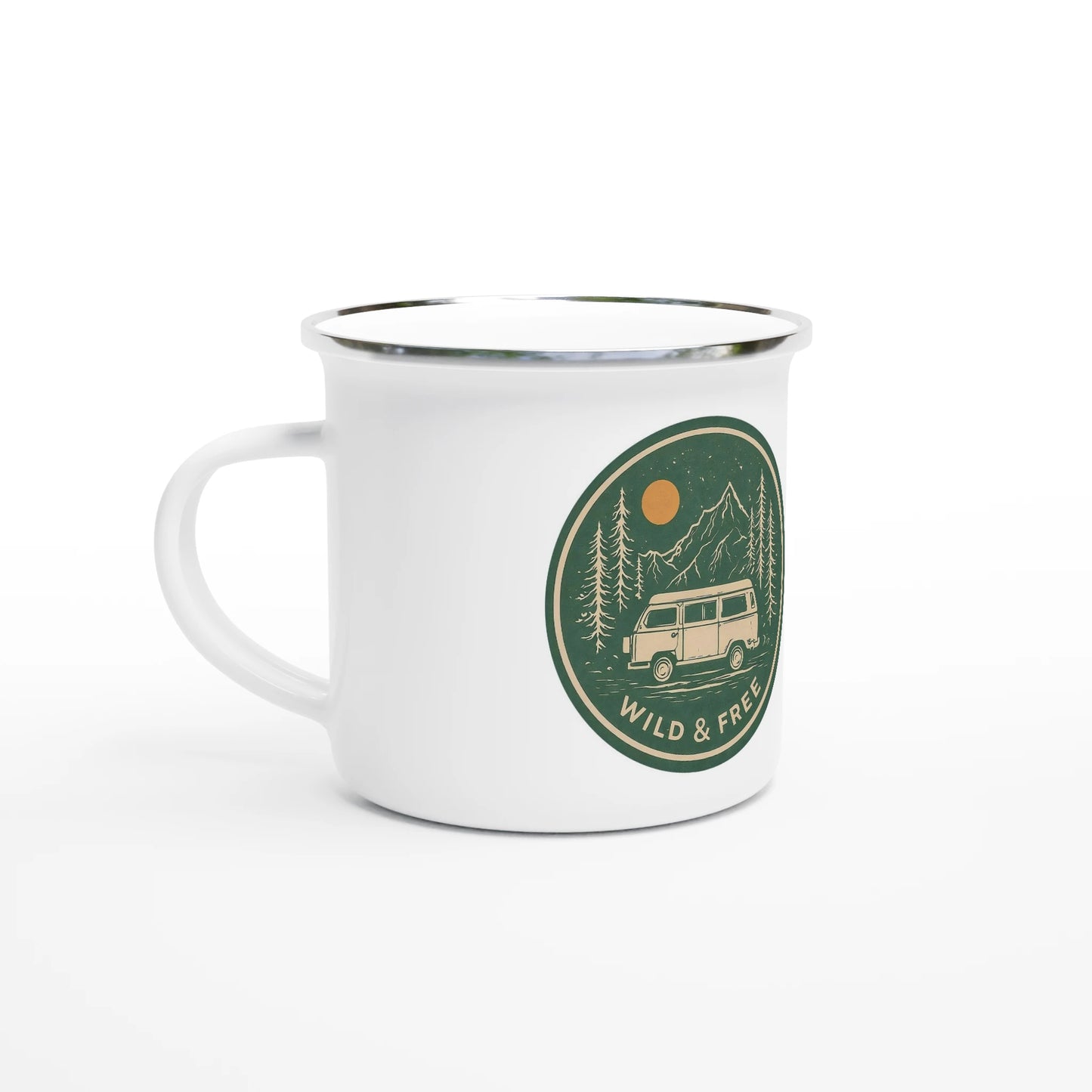 White enamel mug with 'Wild & Free' van life design, perfect for campers and outdoor adventures.