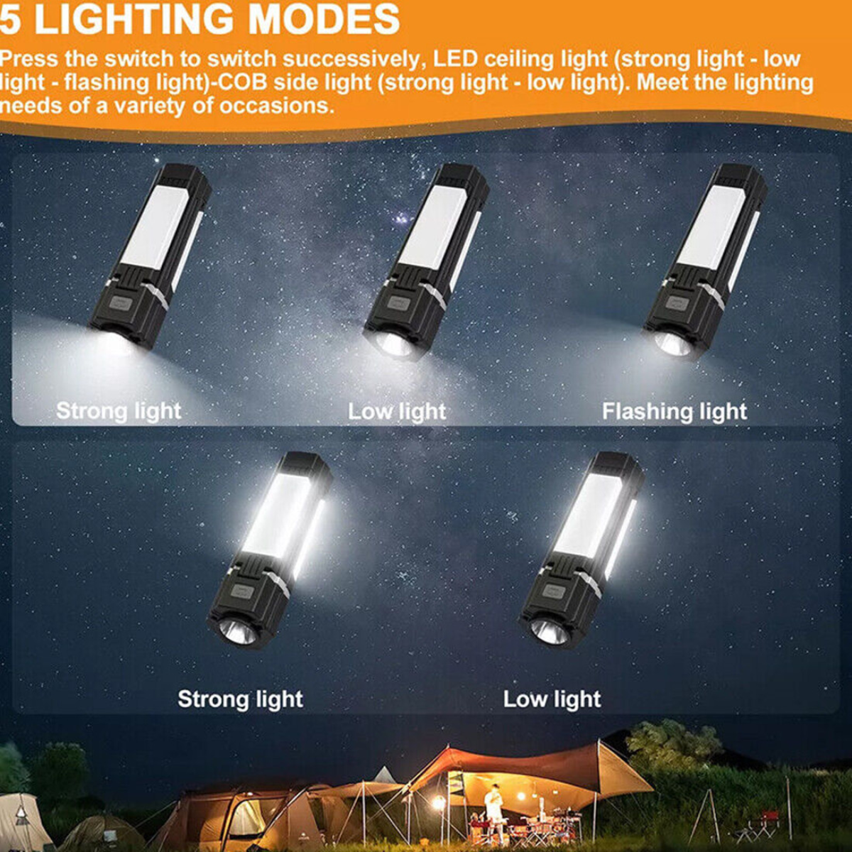 5-mode LED van light: strong, low, flashing for camper van & outdoor adventures under stars