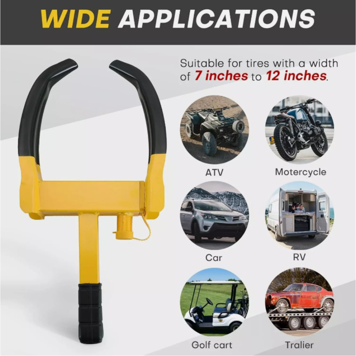 Yellow tire clamp for RV, car, ATV, motorcycle, golf cart & trailer – 7-12 inch tires