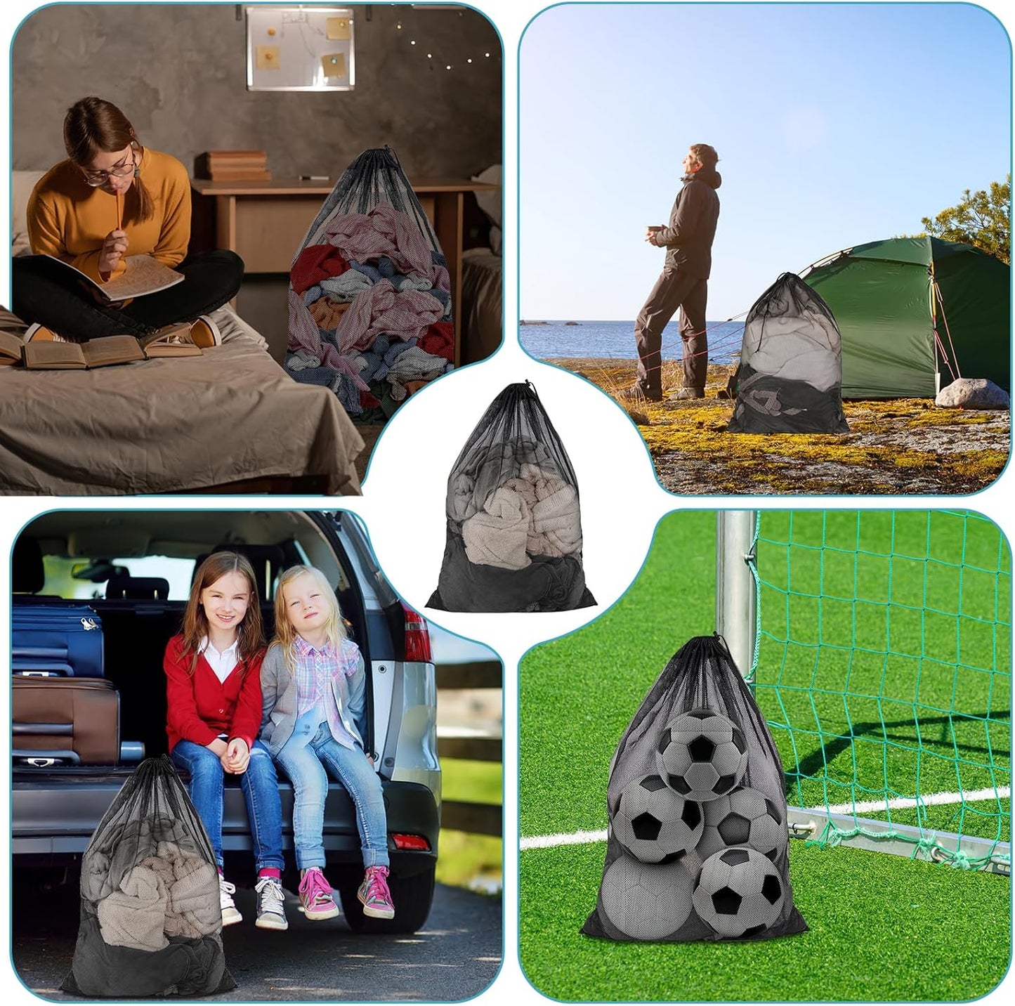 Mesh laundry bag for van life, camping, travel & sports gear storage