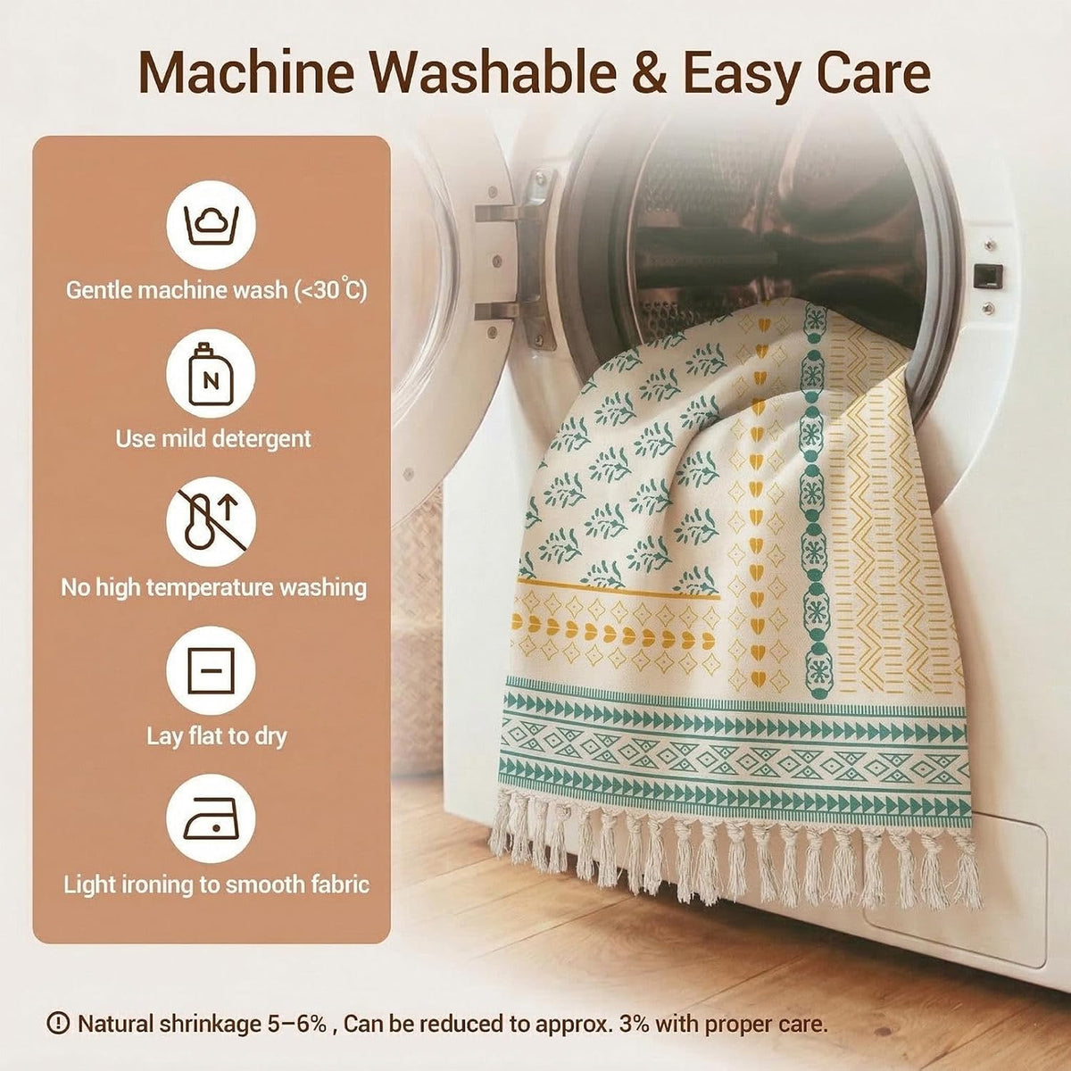 Boho Cotton-Blend Tassel Rug – 58 × 88cm – washing and care illustration