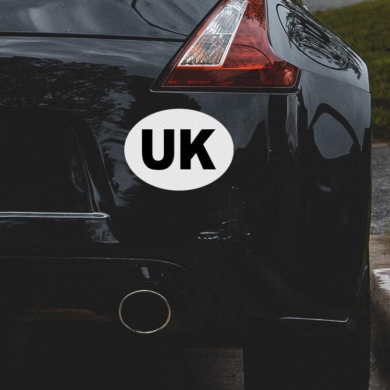 White oval UK sticker on black car rear, van life accessory for UK-based travelers and adventurers