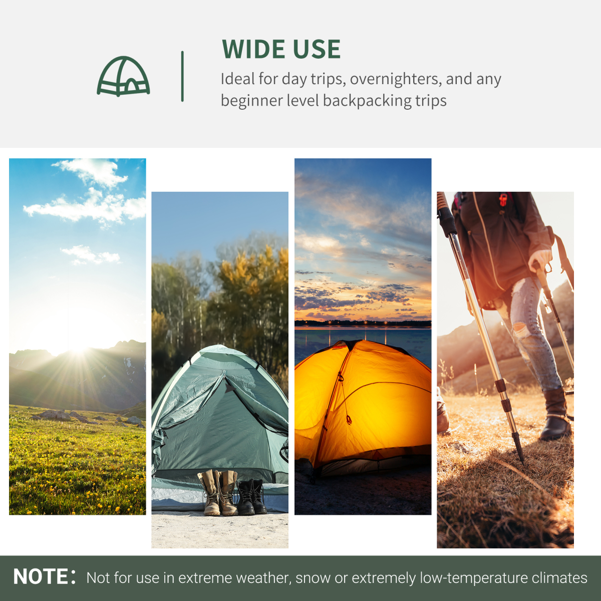 Camping tent in scenic outdoors, ideal for day trips, overnights, and beginner backpacking adventures