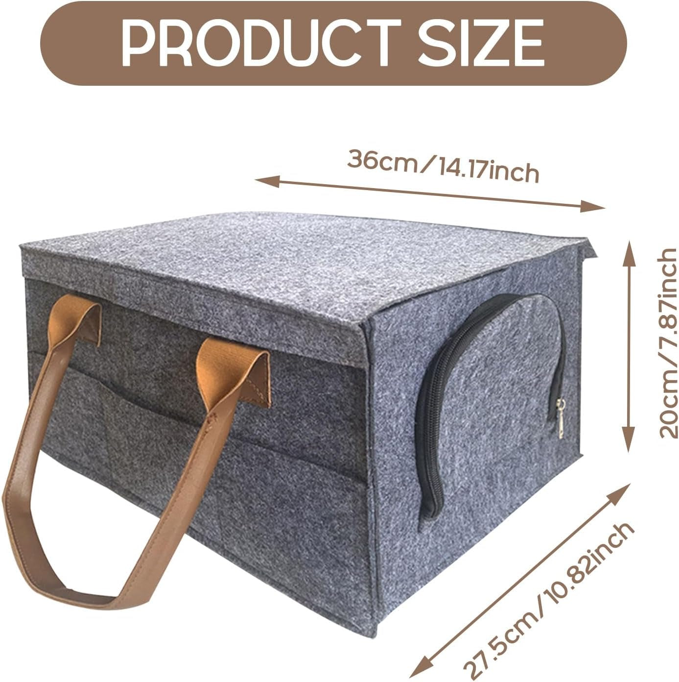 Grey felt storage box with leather handles and zippered side pocket, ideal for van life organization