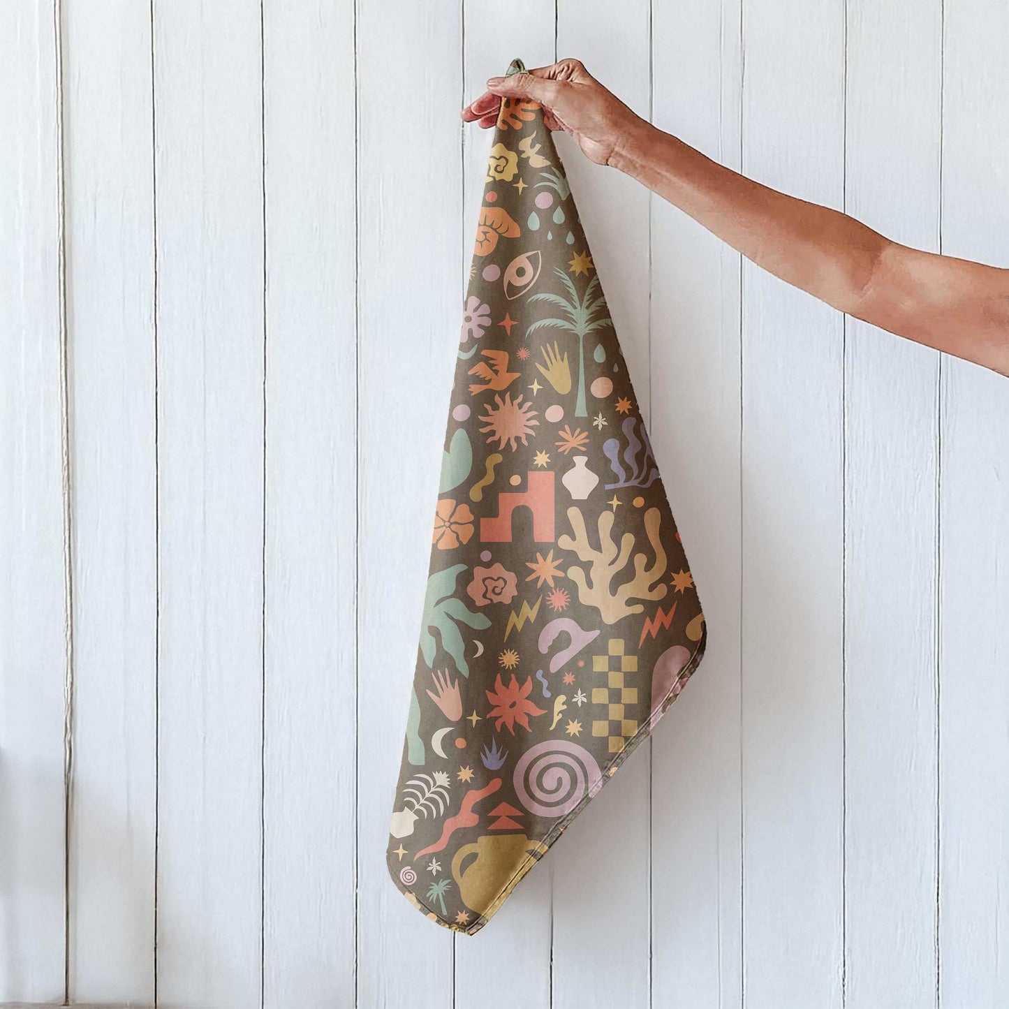 Boho patterned van life blanket with tropical and mystical symbols for campers and adventurers