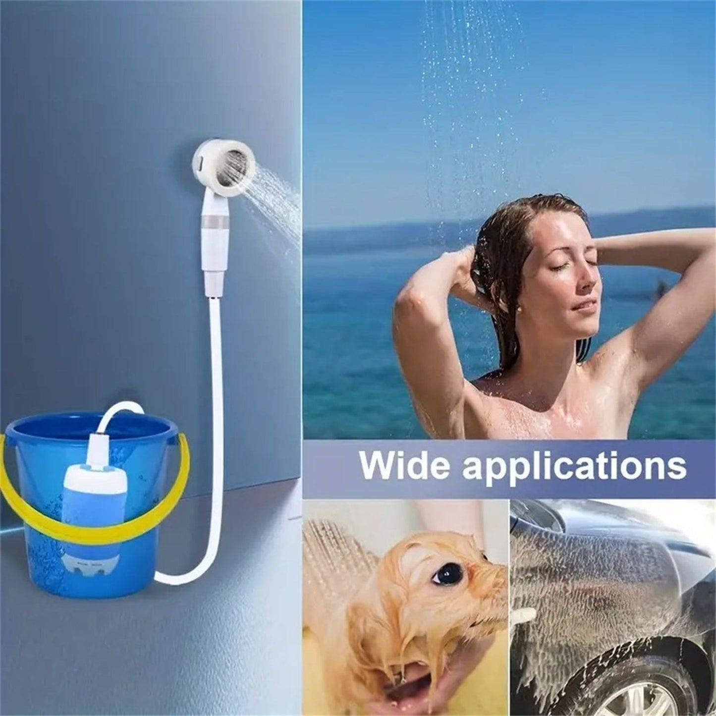 Portable shower pump for van life, outdoor camping, dog washing & car cleaning – compact, battery-powered