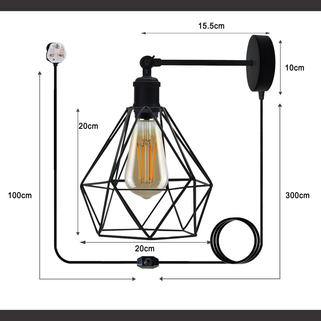 Black geometric wall lamp with Edison bulb, ideal for van life or camper interiors, UK plug included