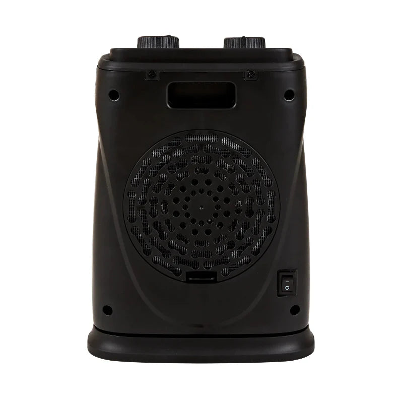 Compact black portable heater for van life, camper vans, and outdoor adventures with control knobs and safety grille