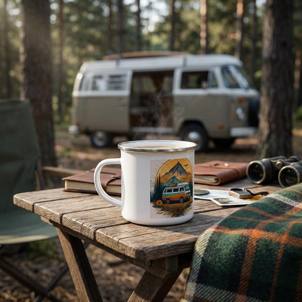 Steaming van life mug on wooden table in forest, vintage camper van background, perfect for outdoor adventures