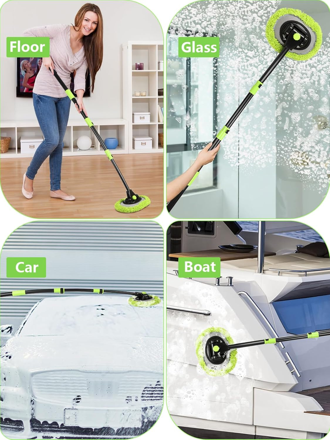 4 Sections 15°Car Wash Brush 51.6” 131Cm with Telescopic Aluminum Alloy Long Handle Denser Chenille Microfiber Detail Washing Mop for Exterior Interior Car RV SUV Truck Boat Solar Panel House Clean