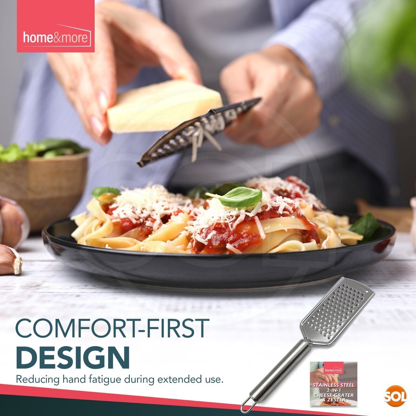 Stainless steel 2-in-1 cheese grater zesting pasta dish comfort-first design