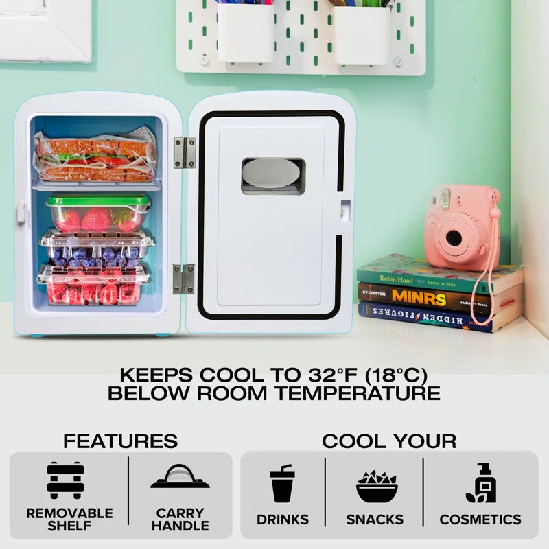 Compact mini fridge for van life, cools drinks, snacks, cosmetics; features removable shelf & carry handle