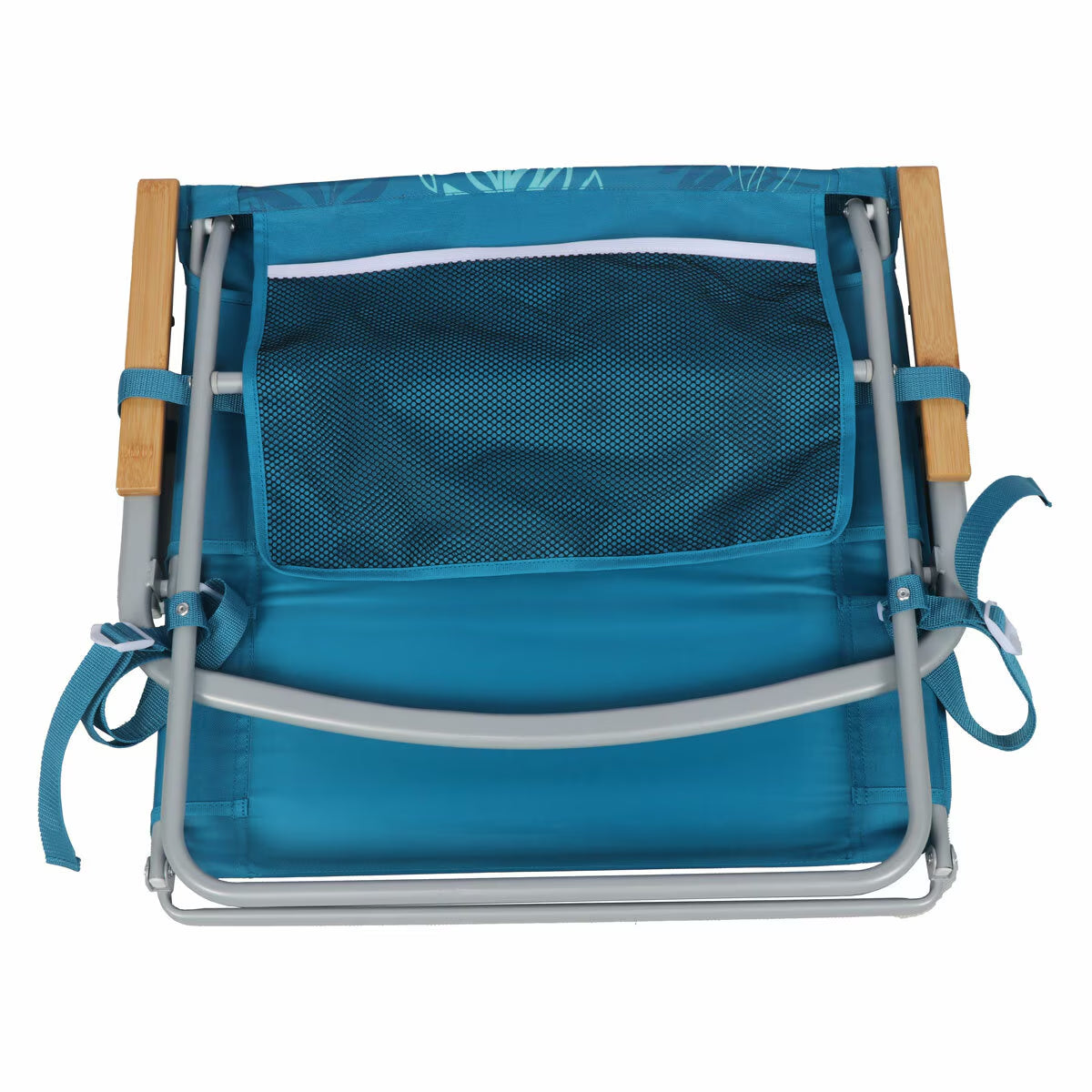 Teal foldable camping chair with mesh back, wooden armrests, and carry straps for van life adventures