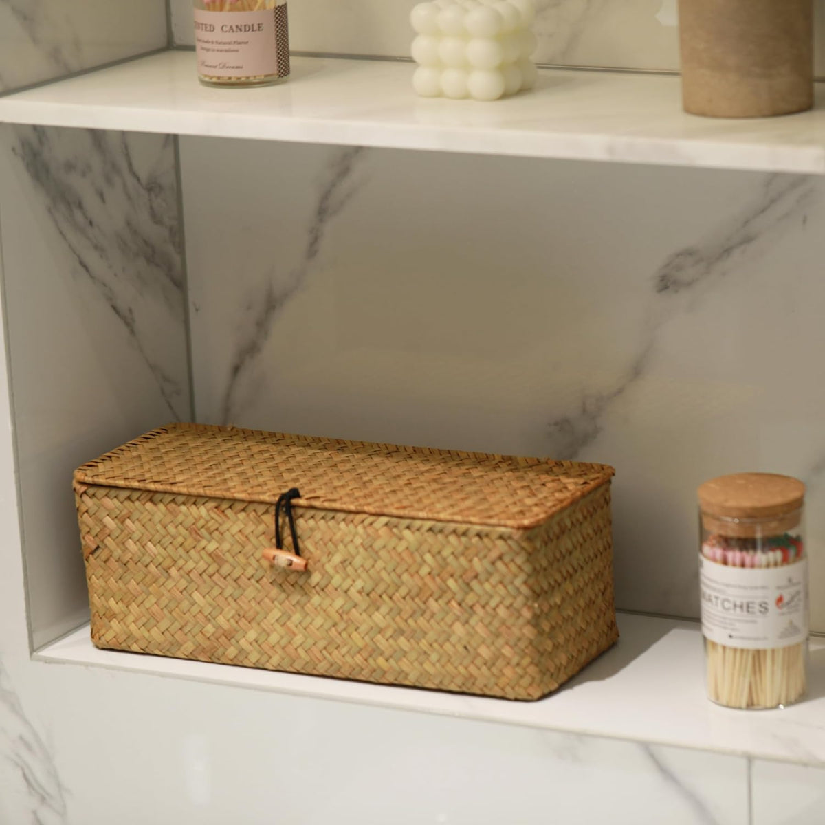 Seagrass Storage Basket with Lid Small Woven Shelf Baskets Rectangular with Sections for Organize Snack Toys Tampon