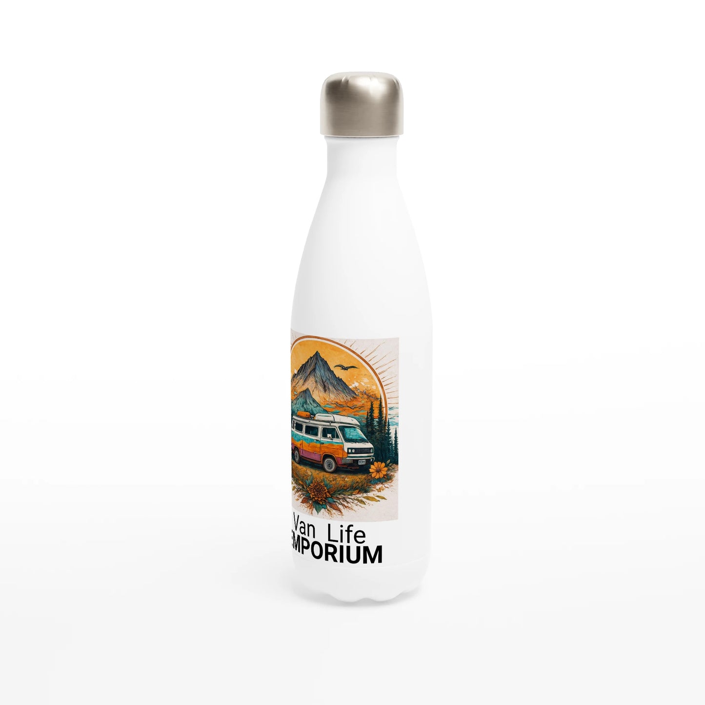 Van Life Emporium stainless steel water bottle with camper van mountain sunset design, perfect for outdoor adventures.