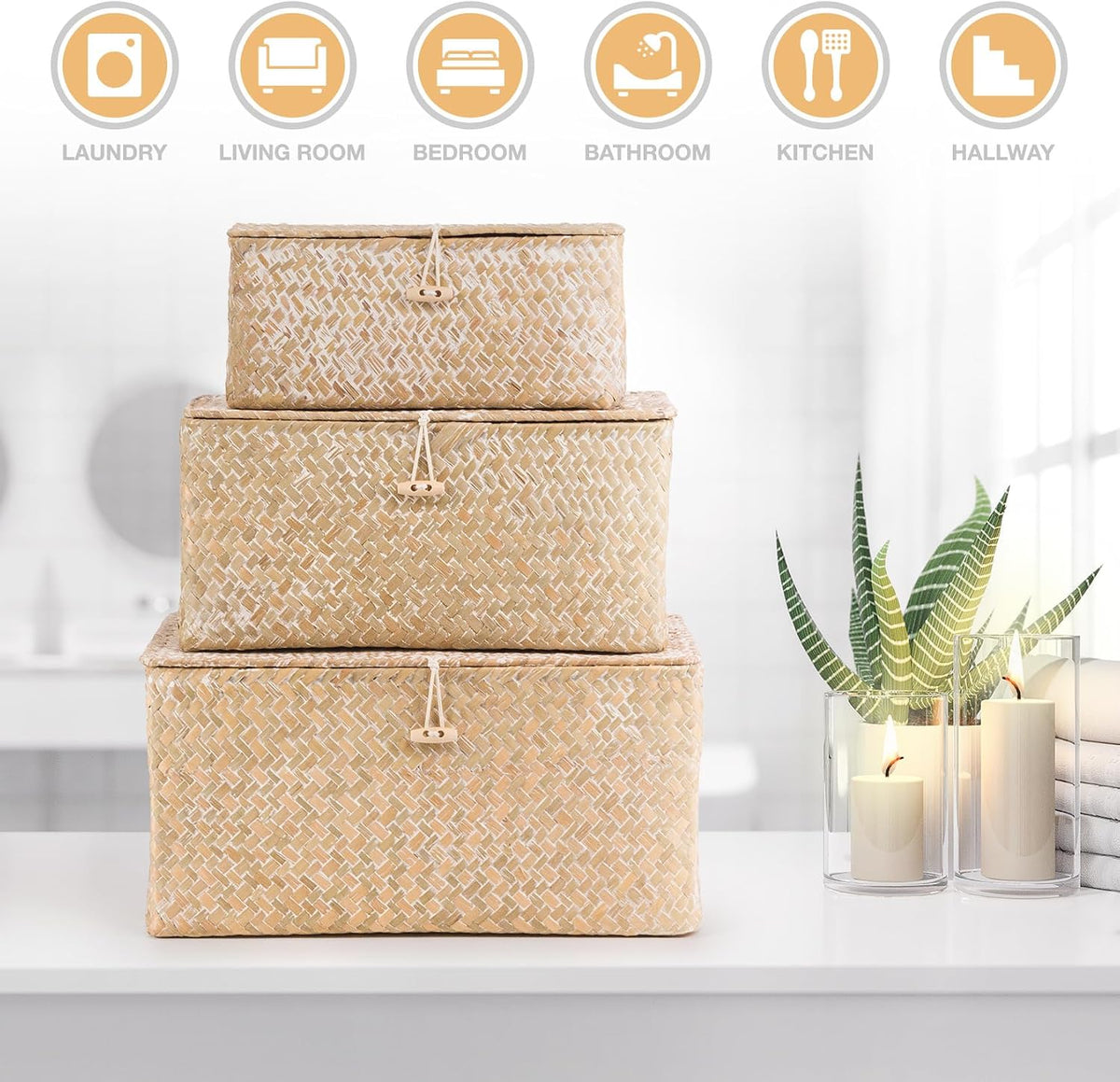Lidded Seagrass Storage Boxes – Set of 3 – box storage feature illustration