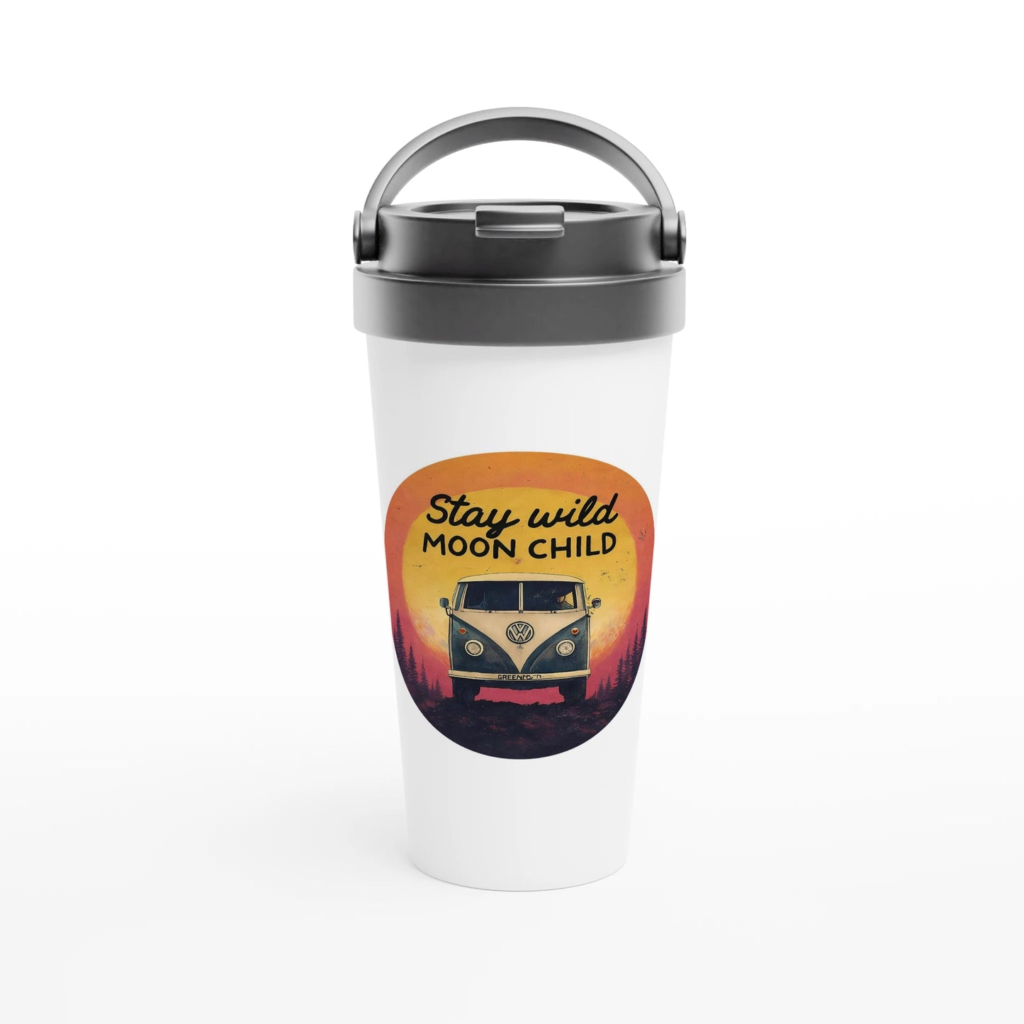 Van life travel mug with 'Stay wild MOON CHILD' design, vintage camper van graphic, perfect for road trips and adventures.
