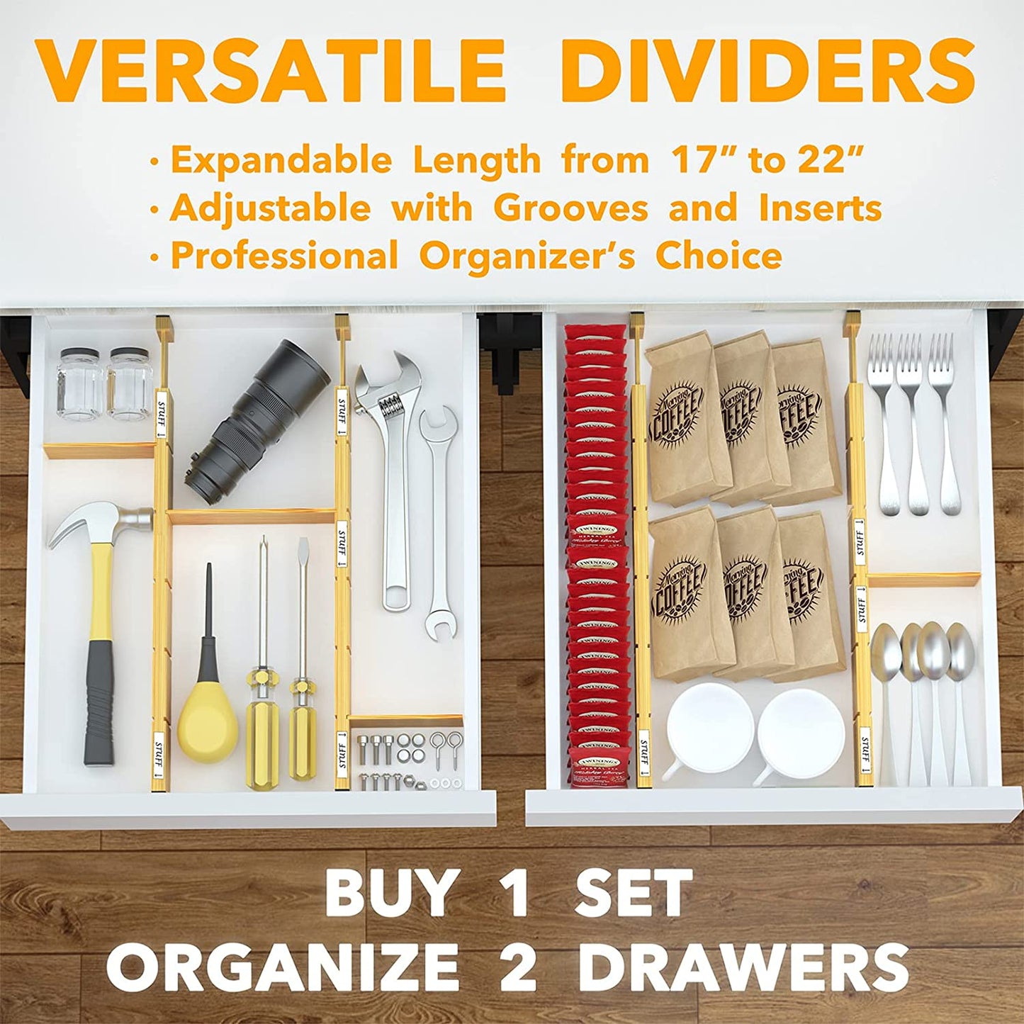 Adjustable drawer dividers organizing tools, coffee, and cutlery in van life storage