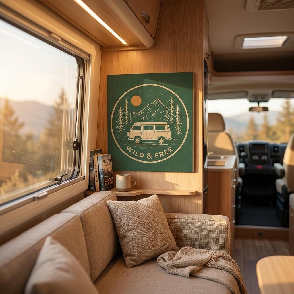 Cozy camper van interior with 'Wild & Free' wall art, sofa, and mountain view for van life adventures