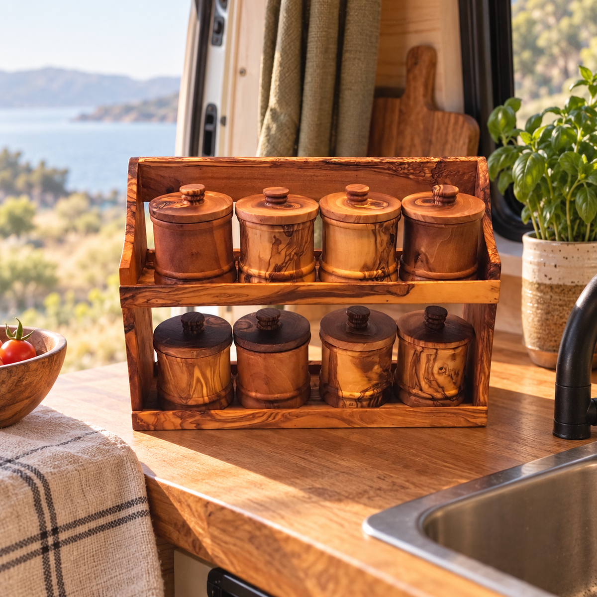 Olive Wood Spice Set in a van-life setting