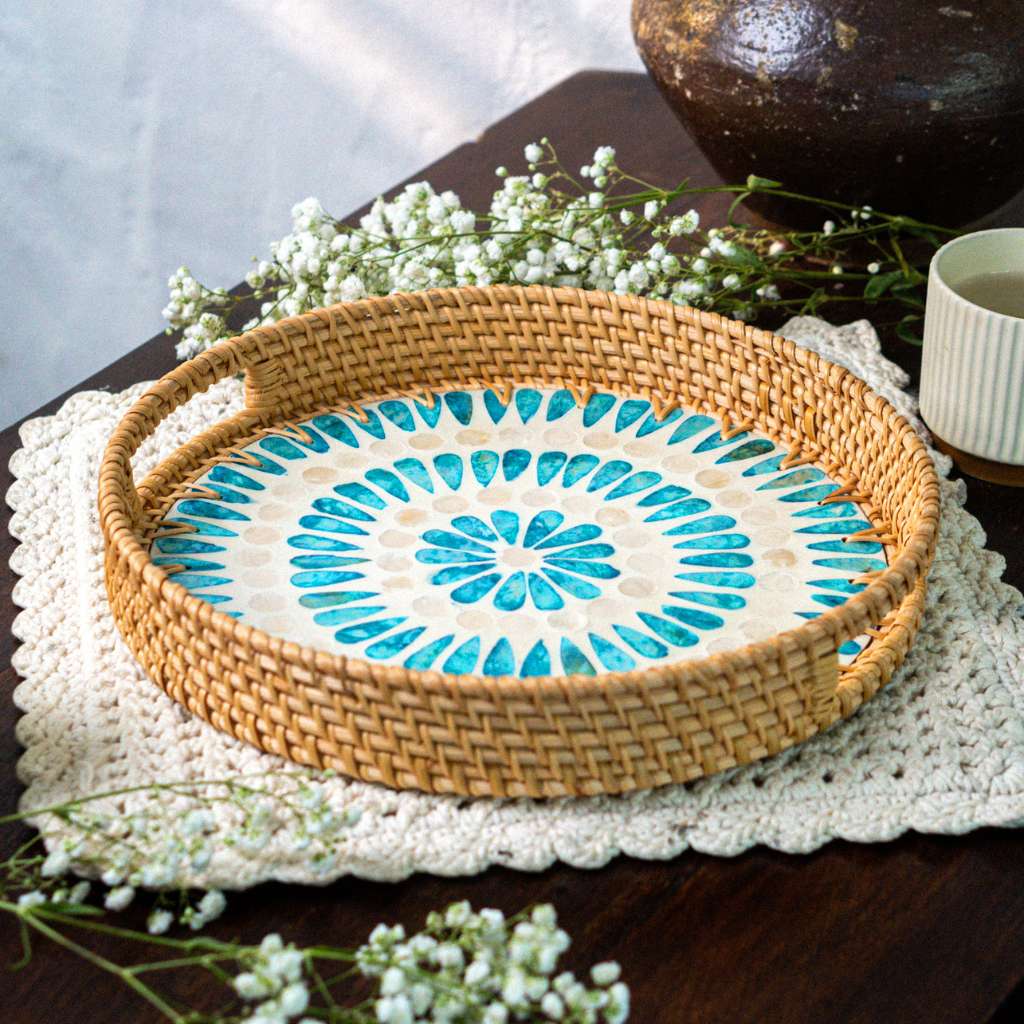 Woven rattan tray with blue mosaic floral design, perfect for van life or boho home decor