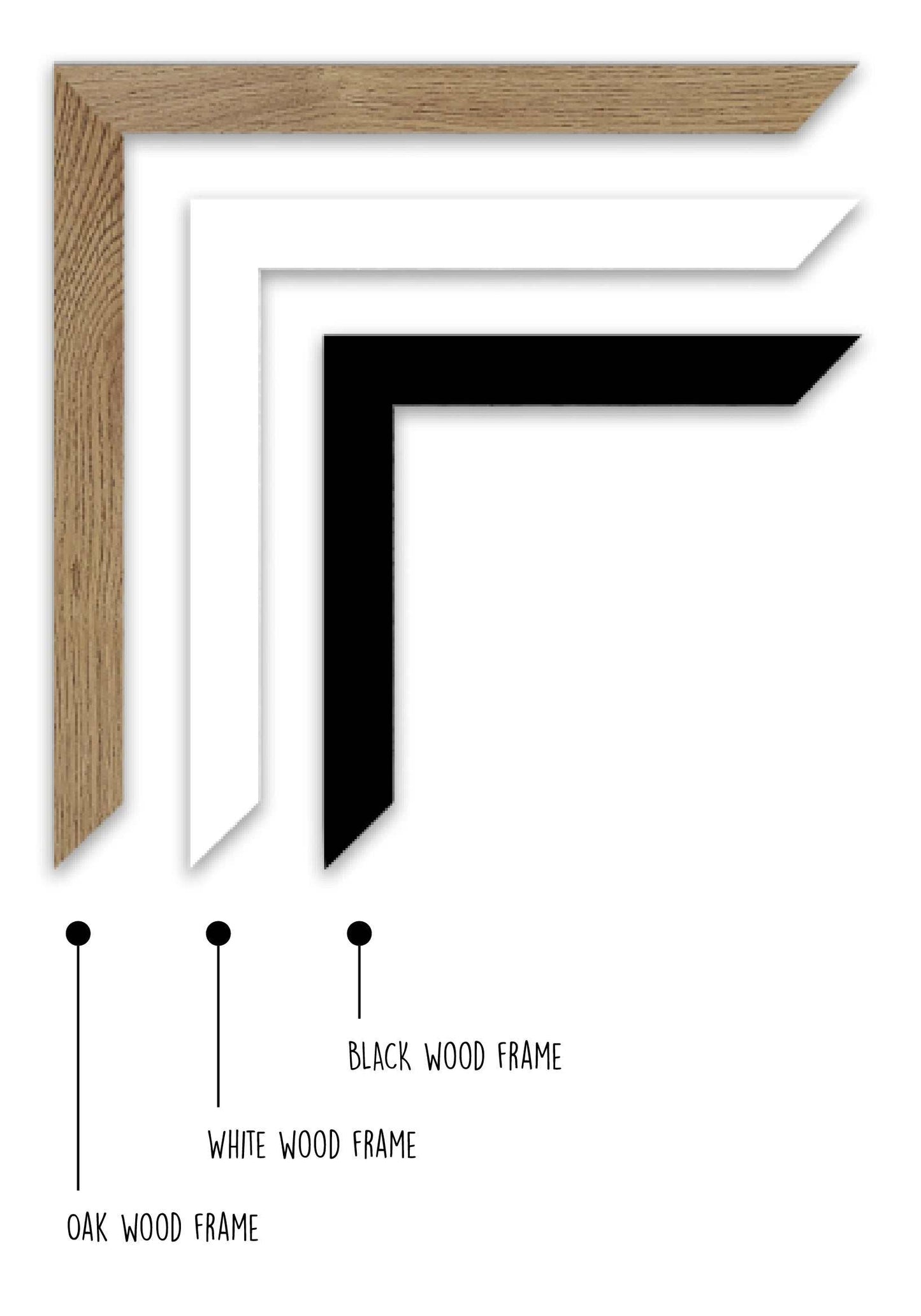 Oak, white, and black wood frame options for van life wall art and camper decor