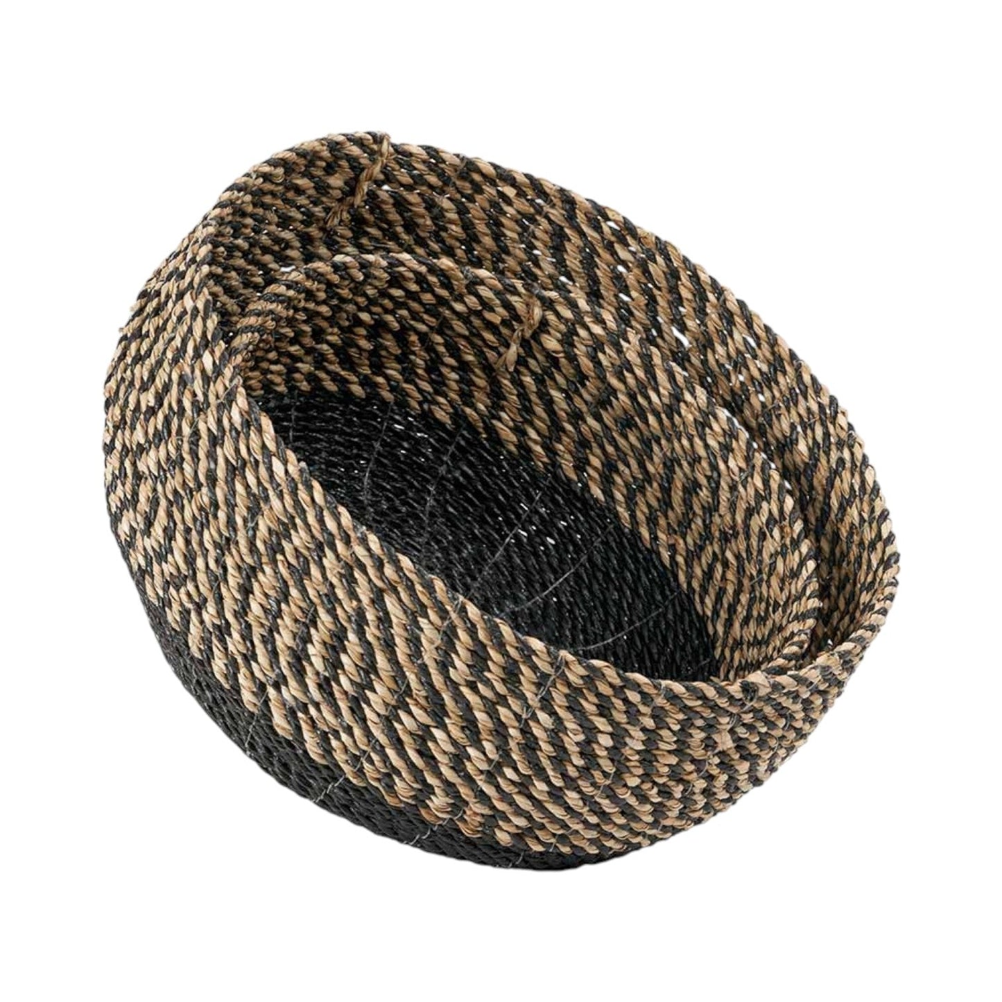 Handwoven black and natural fiber storage basket for van life organization and camping gear