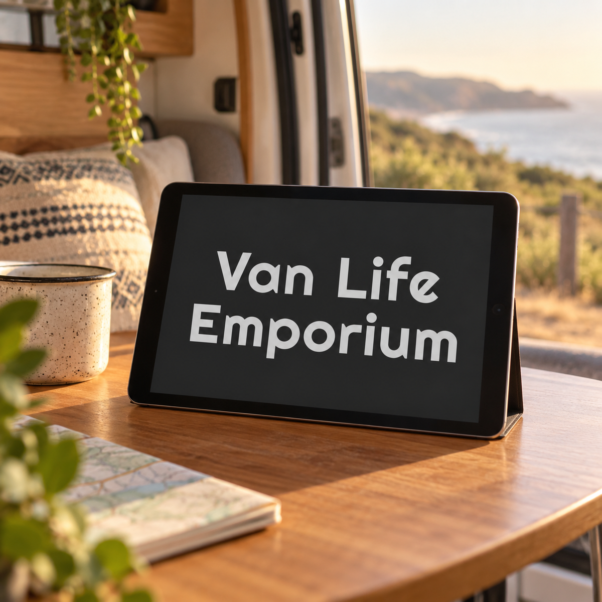 Digital Van Life Emporium gift card displayed on a tablet inside a campervan