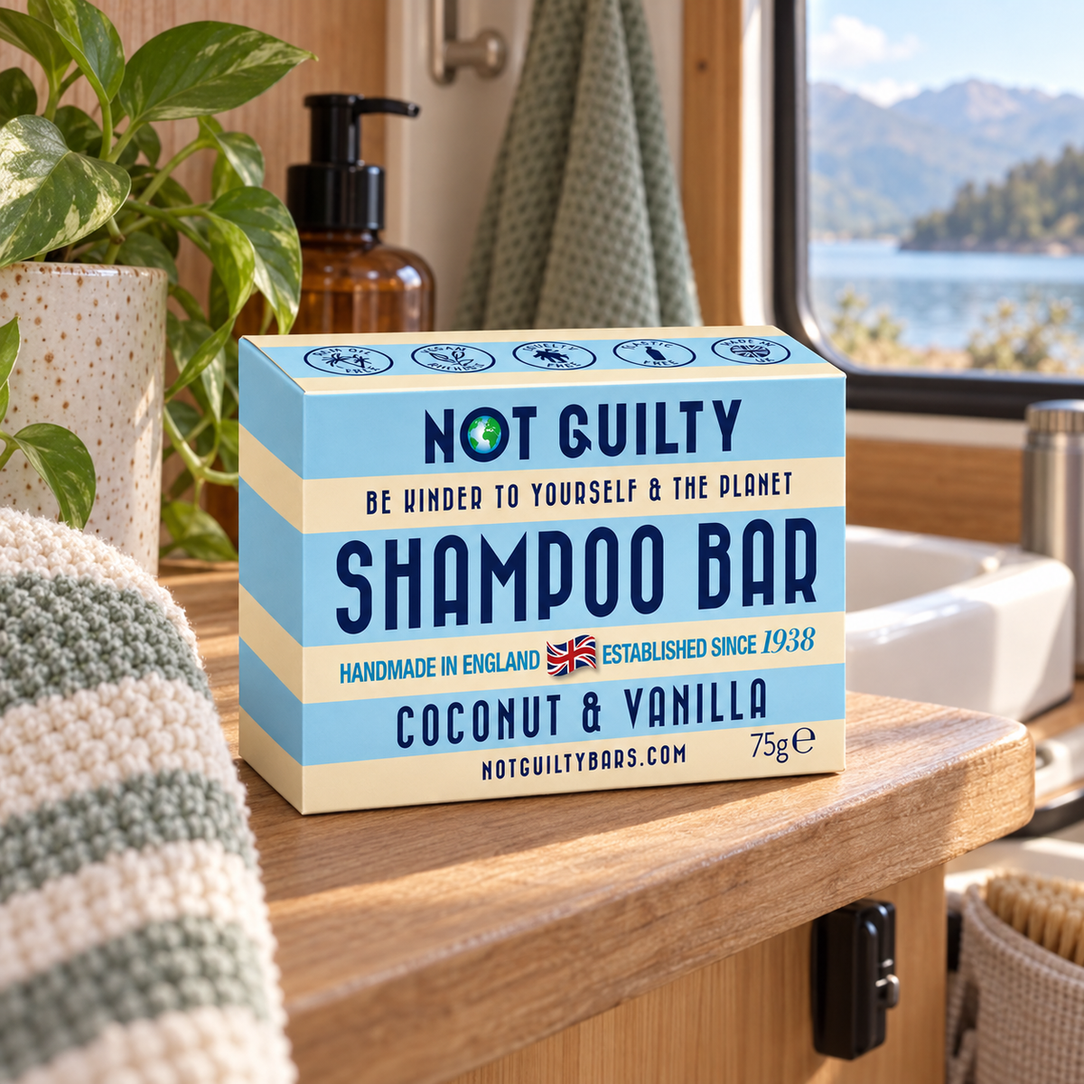 Coconut & Vanilla Shampoo Bar in a van-life setting
