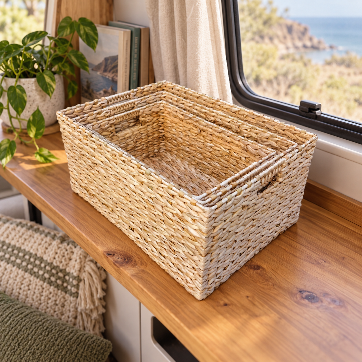 Water Hyacinth Storage Baskets in a van-life setting