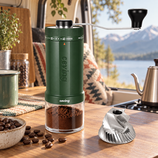 Green 60g Manual Coffee Grinder in a van-life setting