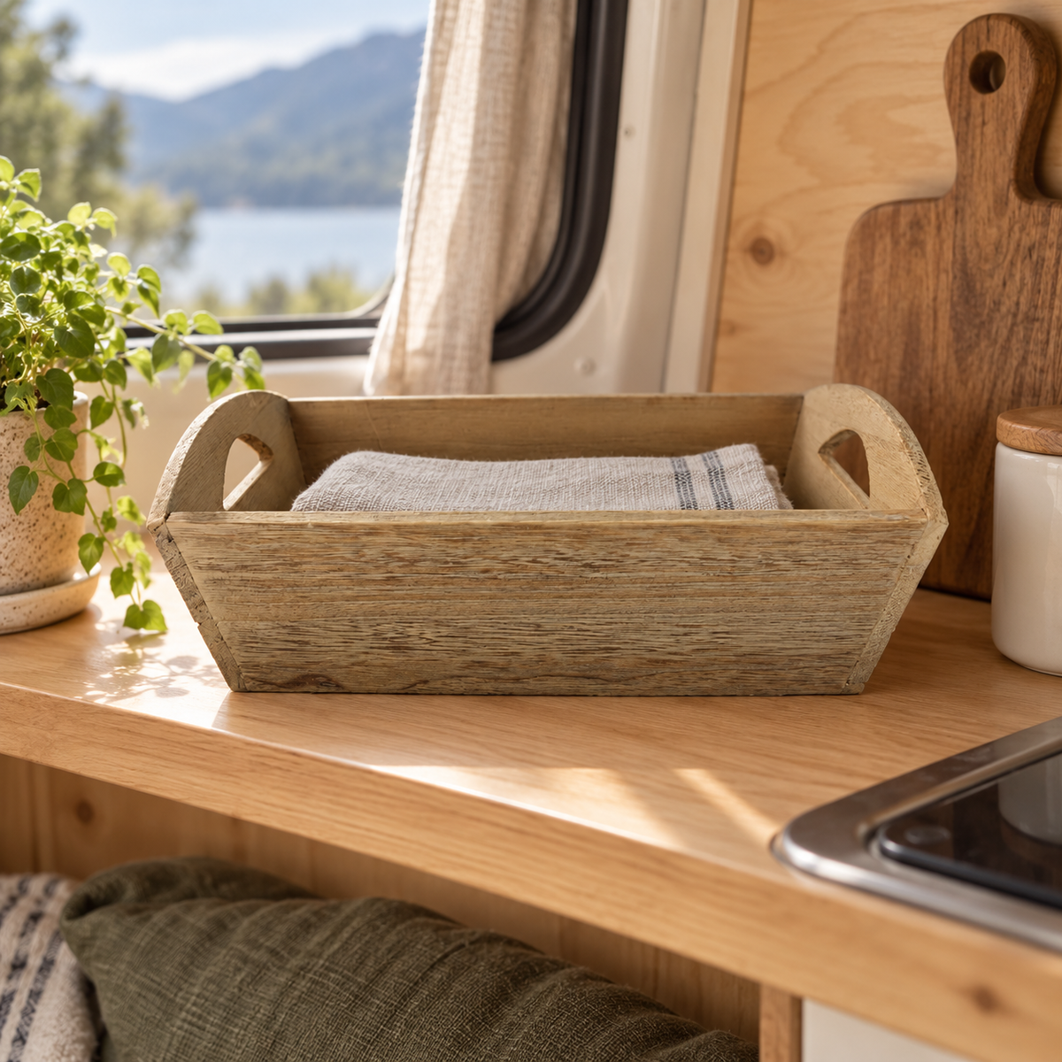 Oak Storage Tray in a van-life setting