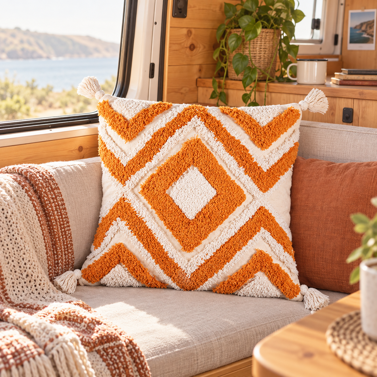 Boho Tassel Cushion Cover in a van-life setting