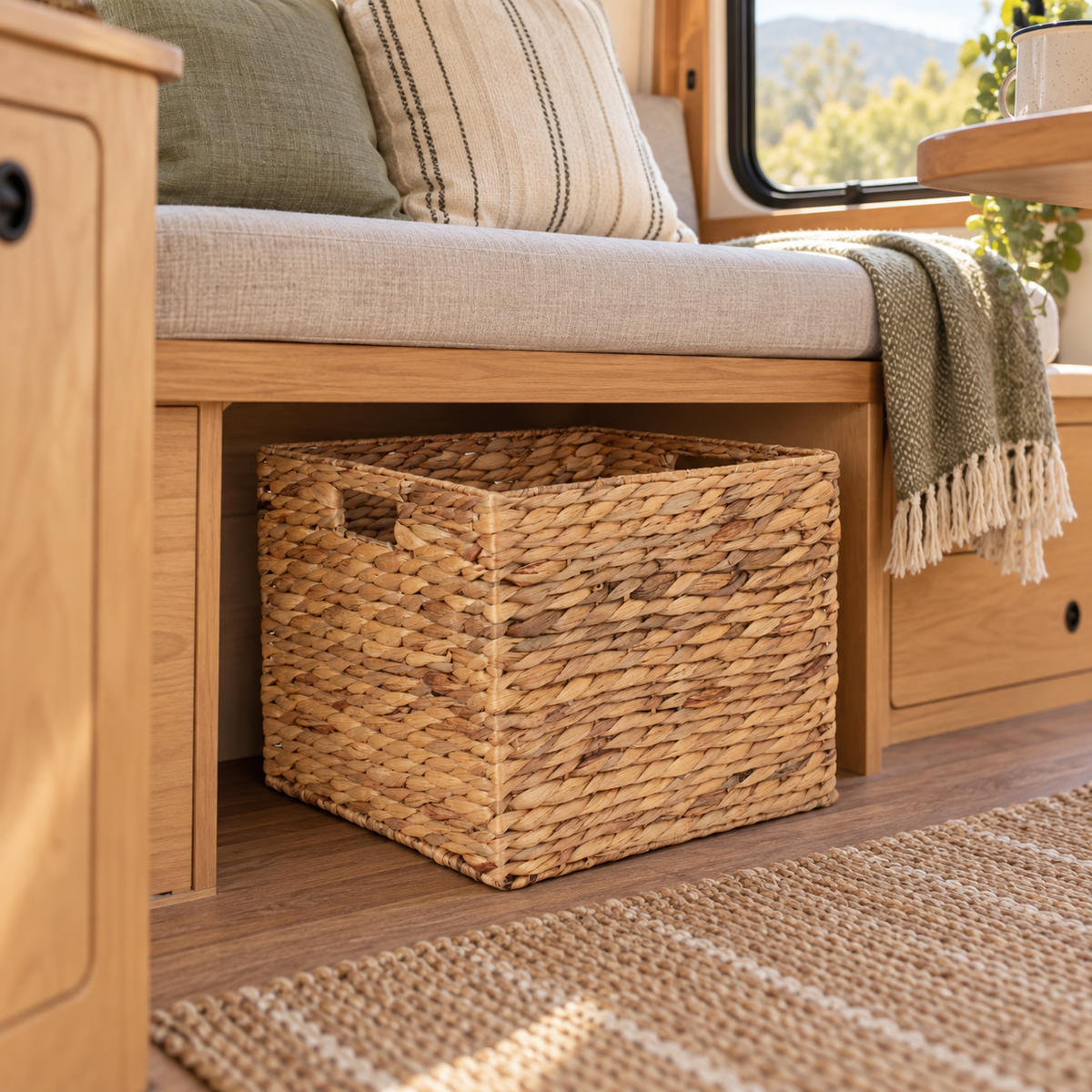 Woven Storage Basket in a van-life setting
