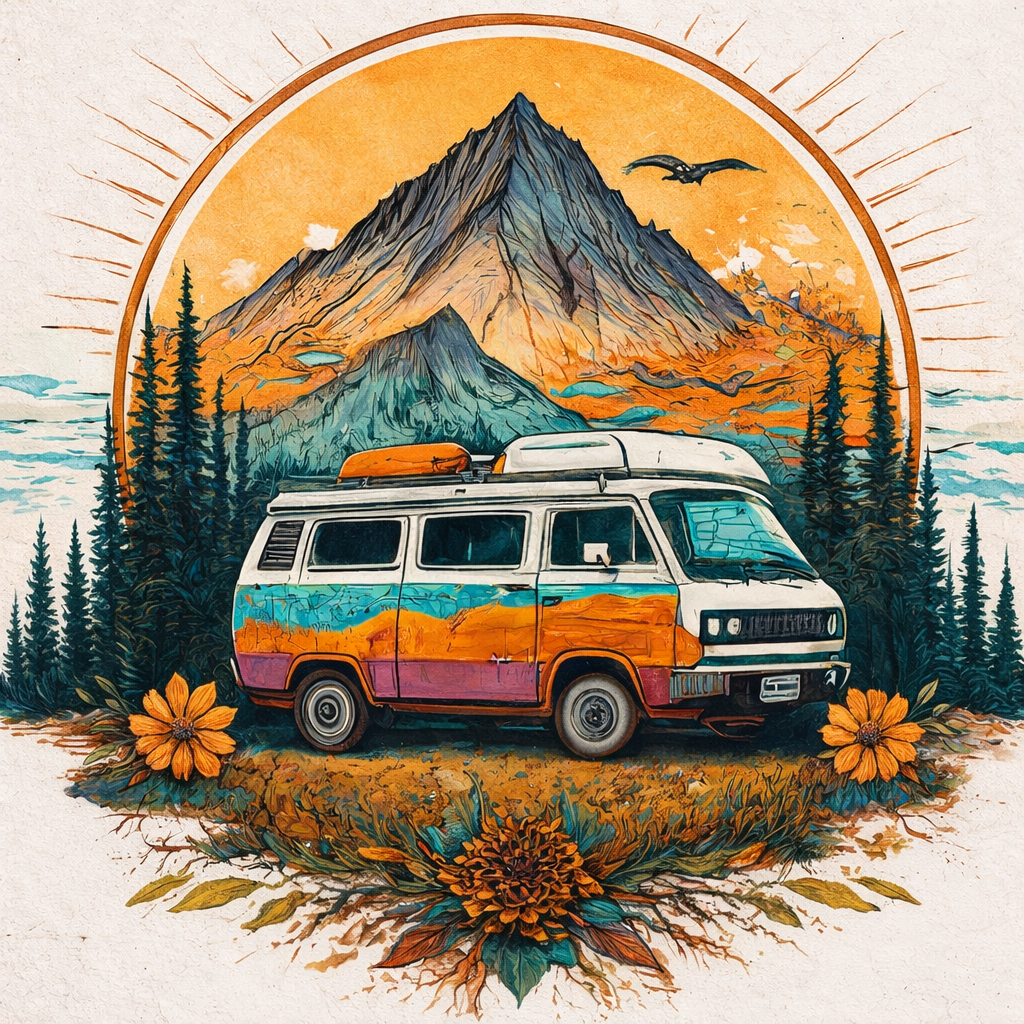 A painted campervan parked before a large stylised mountain, framed by tall pine trees, flowering plants and a radiating sun arc with a bird overhead.