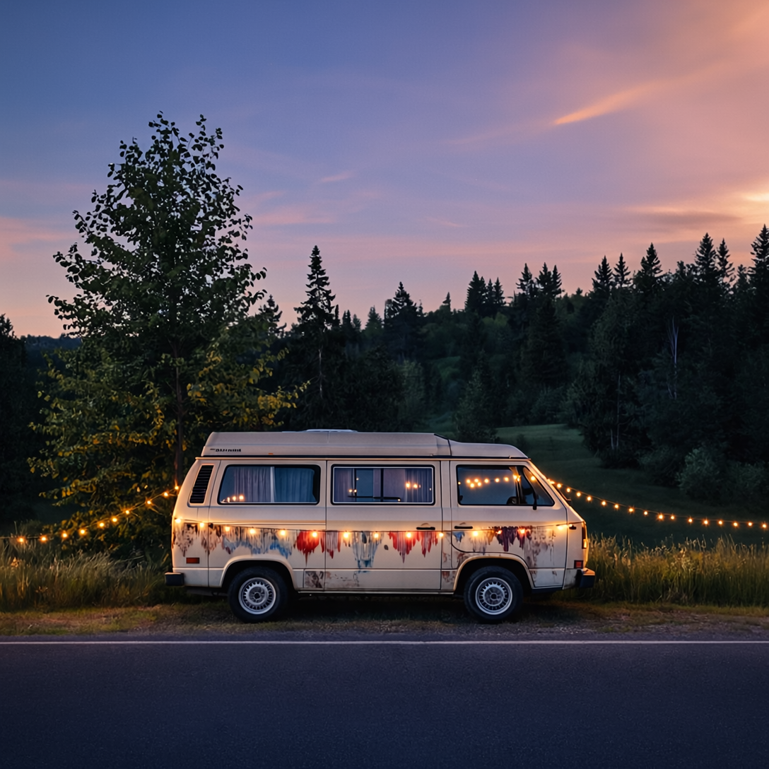 Vintage campervan parked beside a forest road at sunset, decorated with warm string lights and glowing interior lighting, capturing the cosy atmosphere of van life evenings, outdoor adventure and off-grid travel.