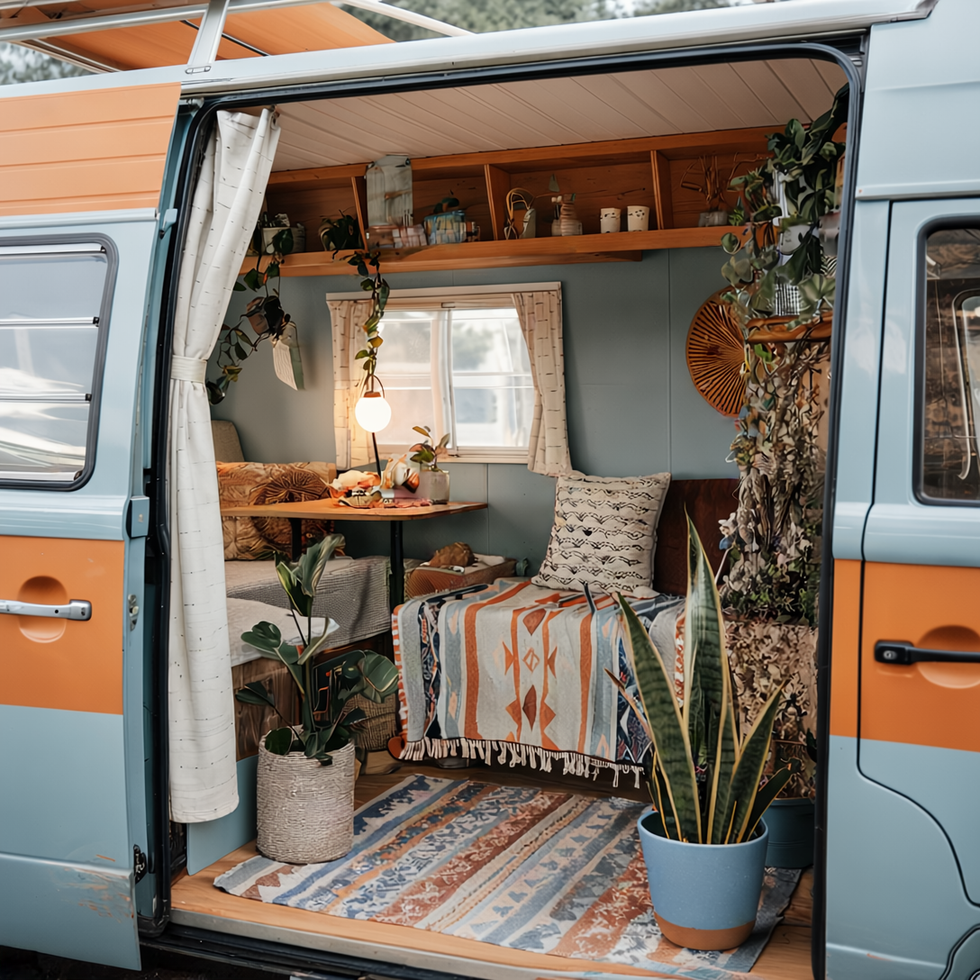 Cozy campervan interior with open side doors, featuring warm lighting, wooden shelves, plants, patterned textiles, and a comfortable bohemian-style living space designed for van life travel and off-grid adventures.