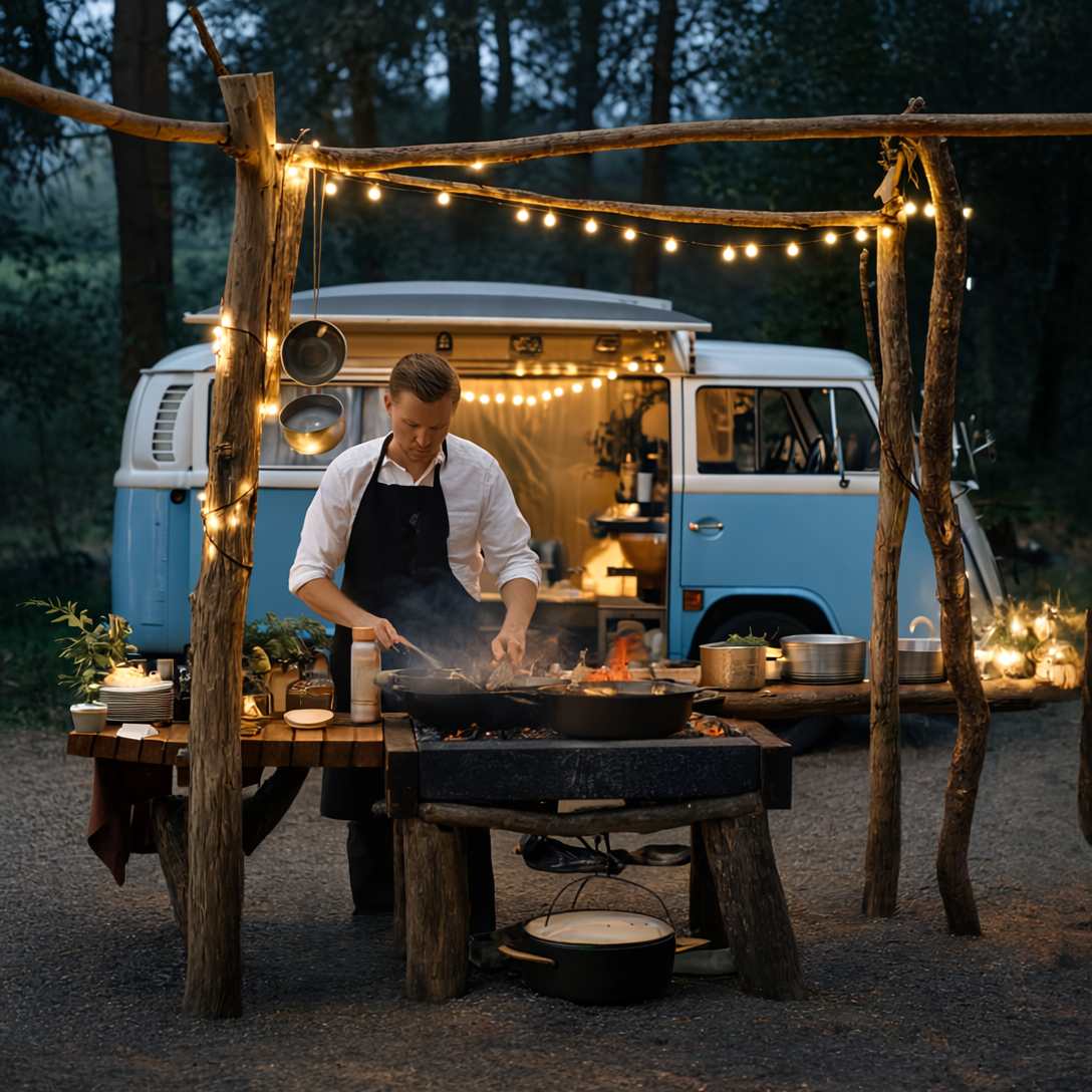 Person cooking outdoors beside a campervan at dusk, surrounded by warm string lights and rustic wooden cooking setup in a forest campsite, capturing the cosy atmosphere of van life outdoor dining and off-grid adventure living.