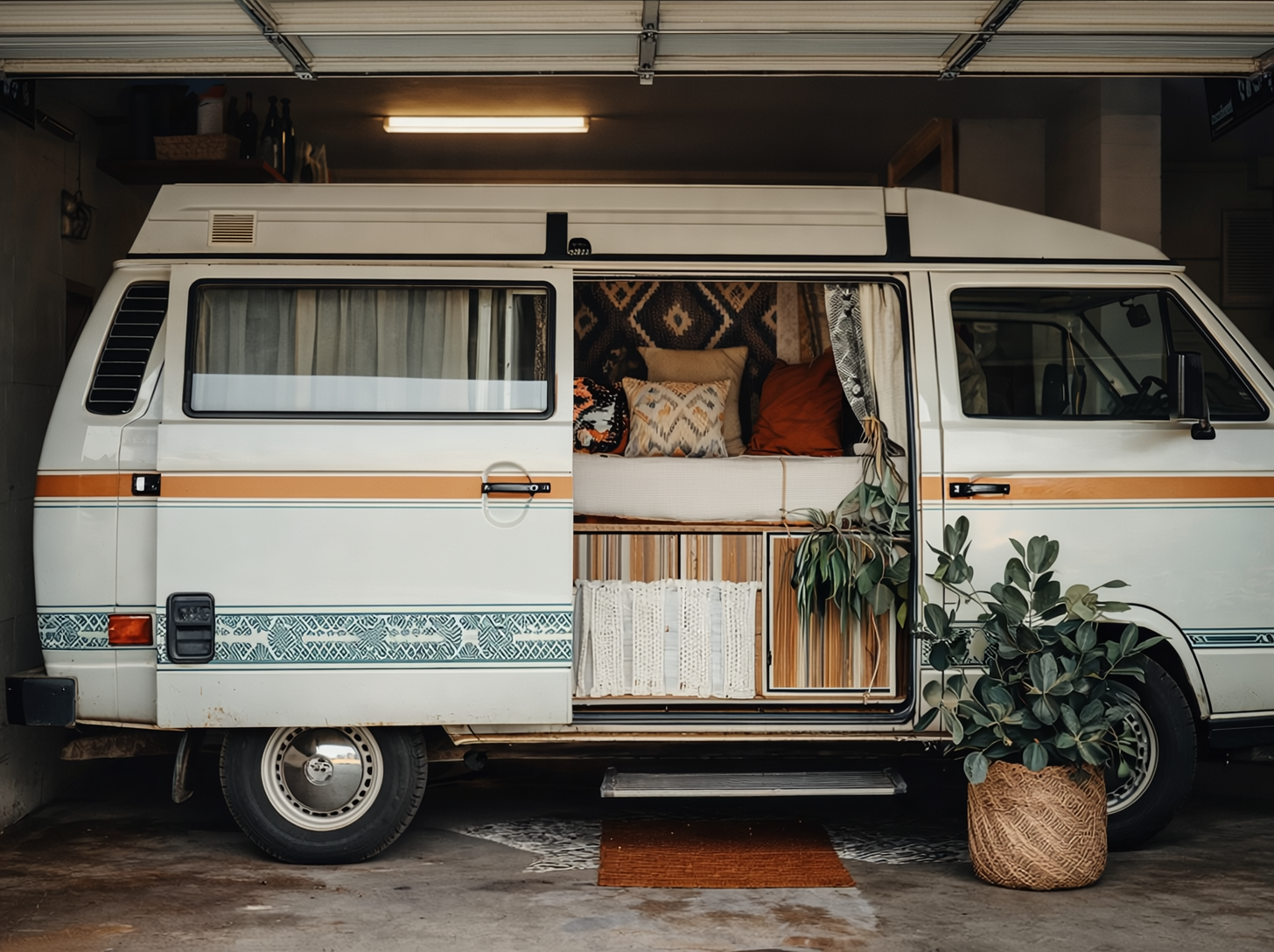 Classic campervan parked inside a garage with the side door open, revealing a warm and cosy van life interior with plants, cushions and wooden finishes, capturing a clean, organised and road-ready travel setup.