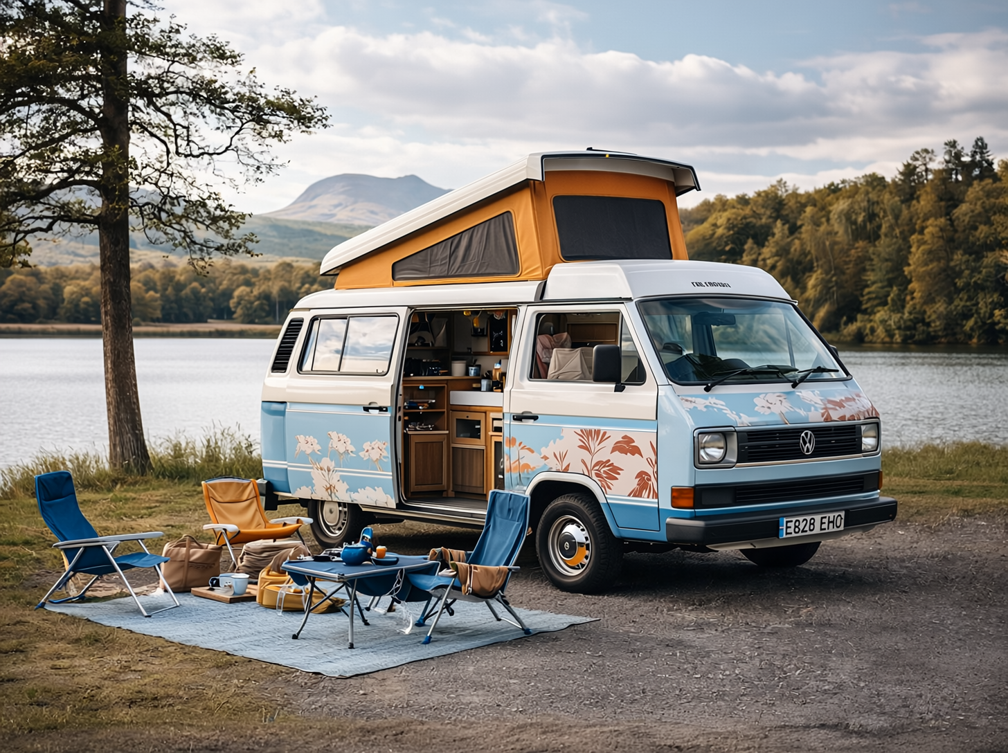 Classic blue campervan parked beside a lakeside campsite with outdoor chairs, table and adventure gear set up under mountain views, capturing the freedom and comfort of van life travel and outdoor living.
