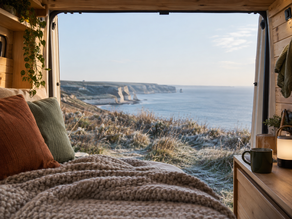 Cosy timber campervan interior with a knitted blanket, green mug and lantern overlooking a frosty coastline.