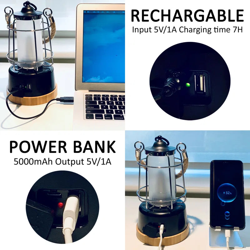 Rechargeable camping lantern with 5000mAh power bank, USB charging for phones & laptops, ideal for van life adventures
