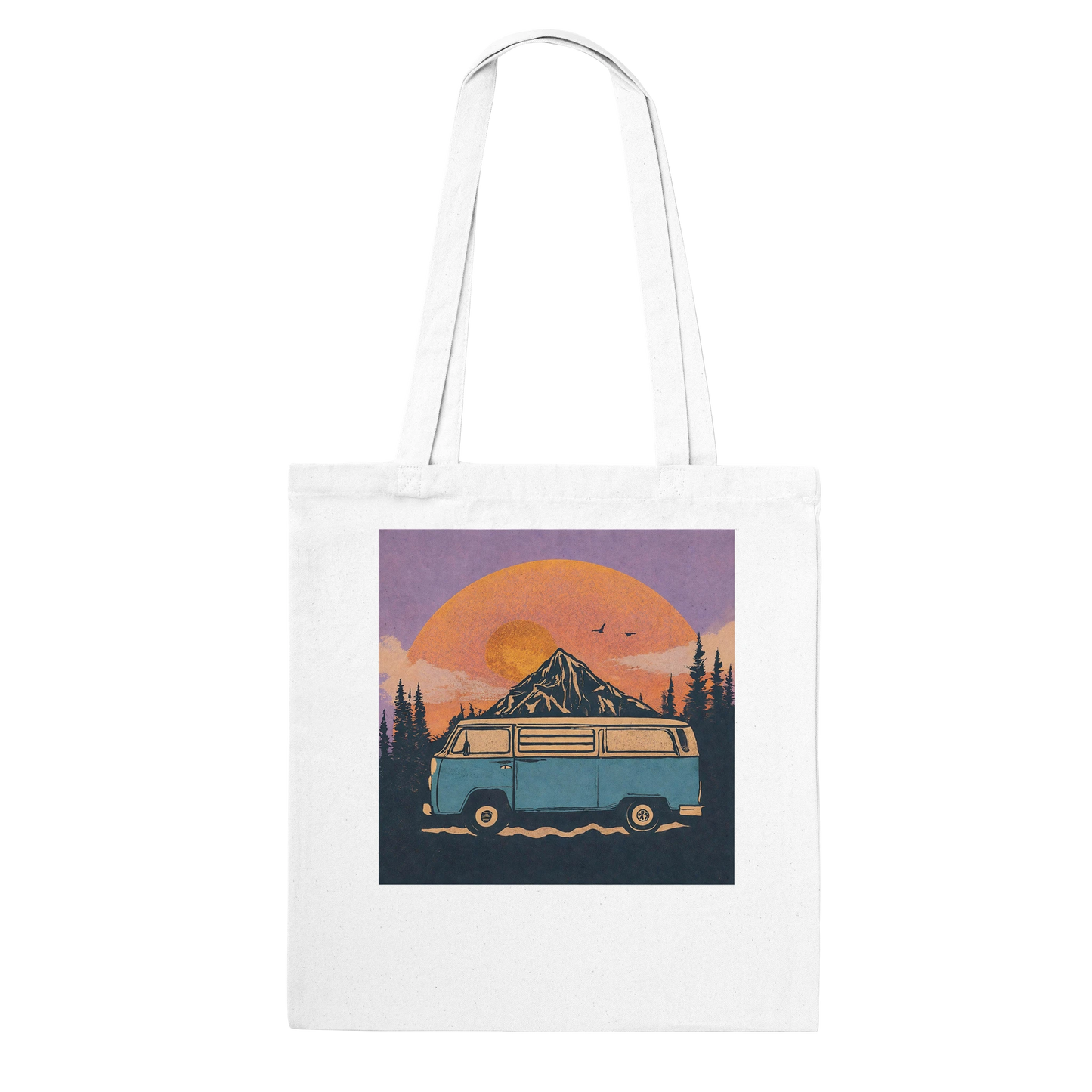 Van life tote bag with retro camper van, mountain sunset, and forest design for outdoor adventures