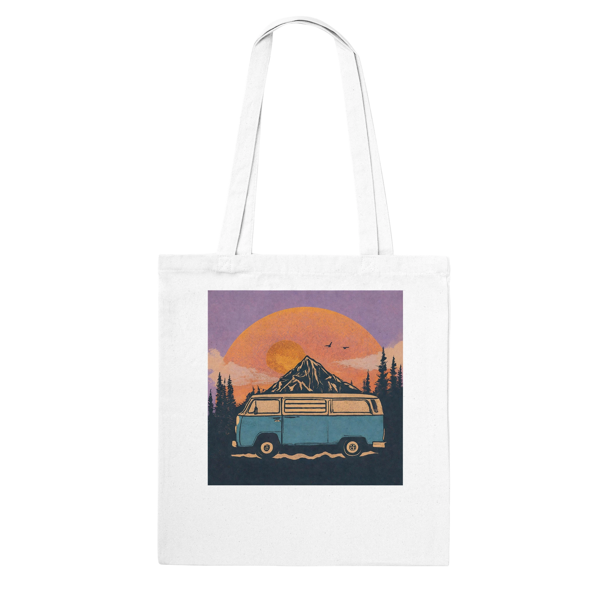 Van life tote bag with retro camper van, mountain sunset, and forest design for outdoor adventures