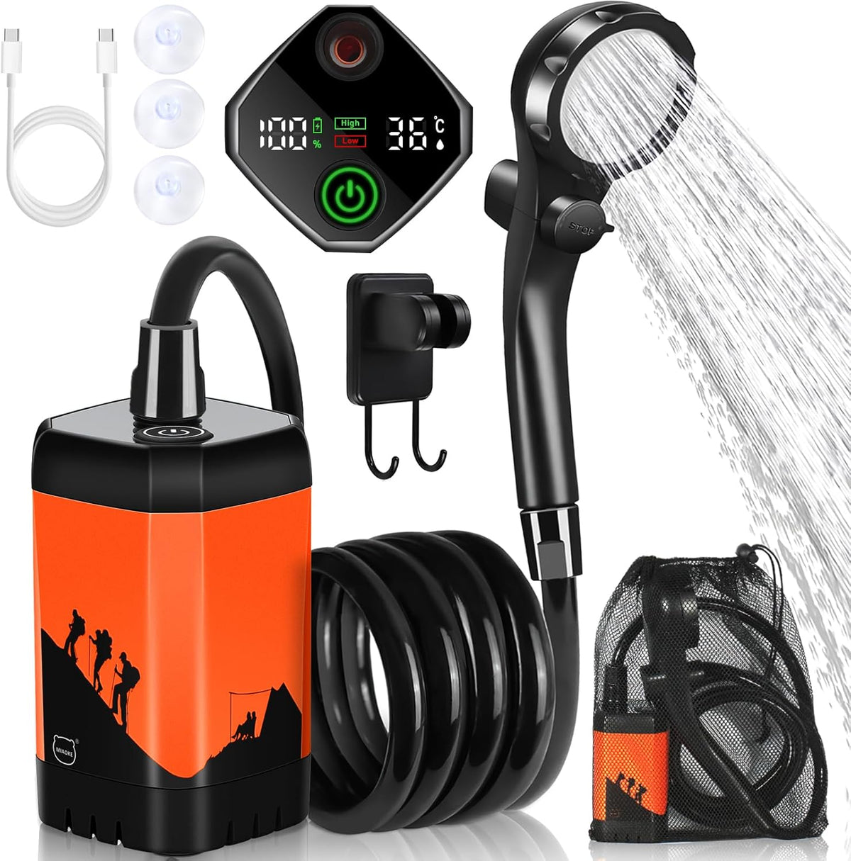 Upgrade Portable Camping Shower, 7800Mah Outdoor Electric Shower Rechargeable Pump with Intelligent Digital Display Temperature Display Shower Head for Camping, Hiking, Traveling